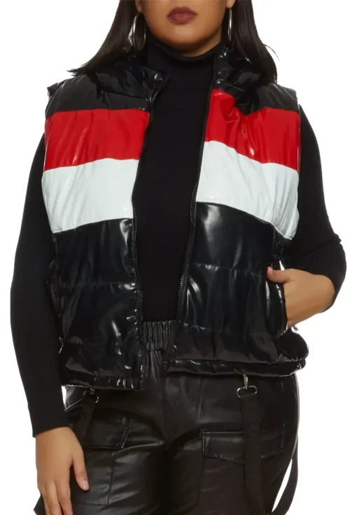 womens-hooded-black-and-red-faux-leather-puffer-vest