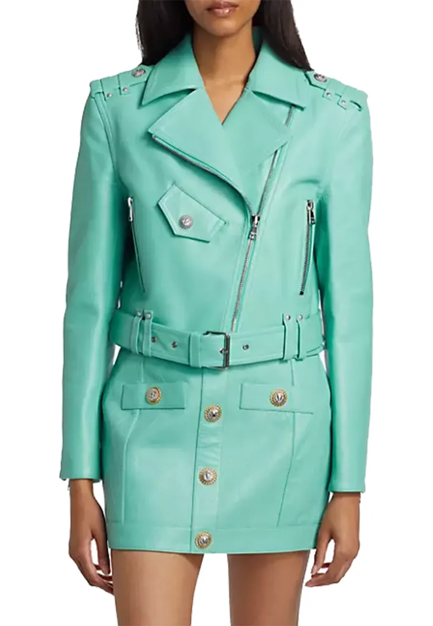 Women’s Turquoise Faux Belted Biker Jacket 2 womens-turquoise-faux-belted-biker-jacket