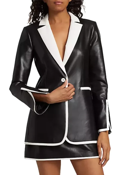womens-two-tone-faux-leather-one-button-blazer