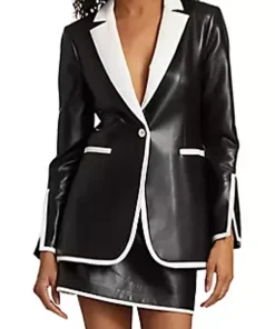 womens-two-tone-faux-leather-one-button-blazer
