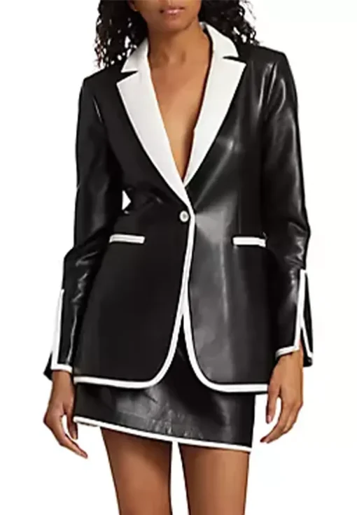 womens-two-tone-faux-leather-one-button-blazer