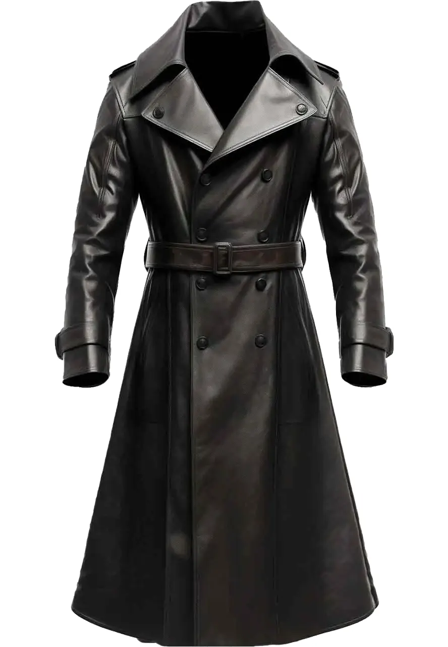 Men's Black Long Faux Leather Trench Coat 1 mens-black-long-faux-leather-trench-coat