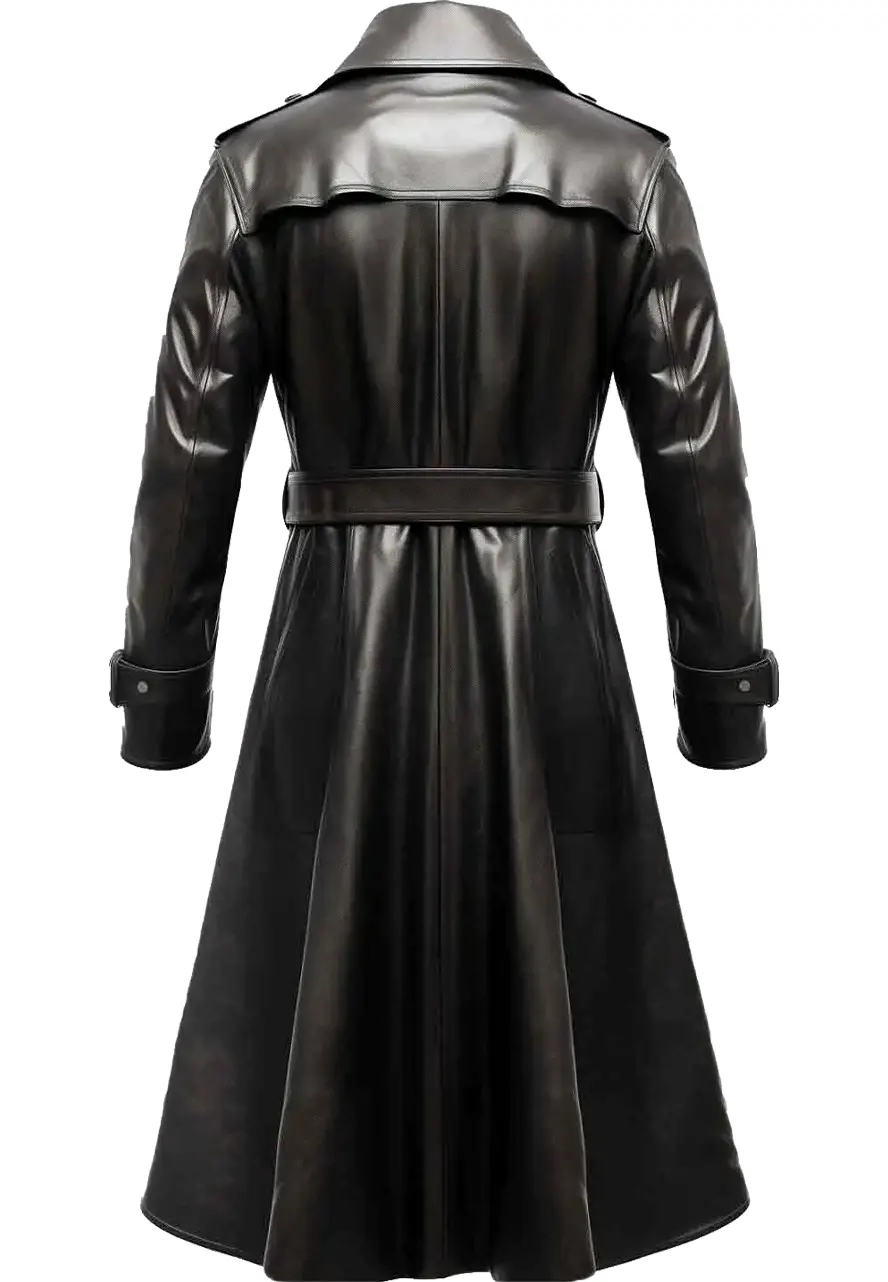 Men's Black Long Faux Leather Trench Coat 2 mens-black-long-faux-leather-trench-coat