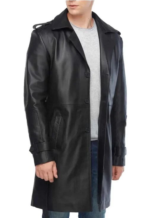 mens-long-black-faux-leather-trench-coat