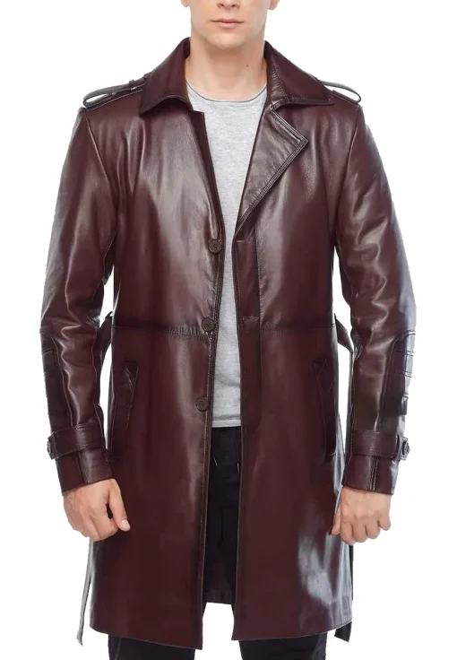 mens-long-maroon-faux-leather-trench-coat