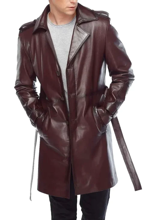 mens-long-maroon-faux-leather-trench-coat
