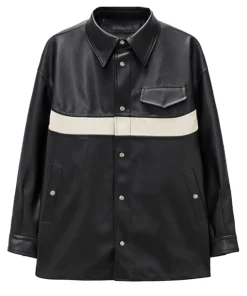 mens-shirt-style-black-faux-leather-white-stripes-jacket