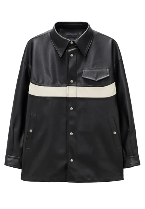 mens-shirt-style-black-faux-leather-white-stripes-jacket