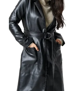 womens-black-faux-leather-trench-coat