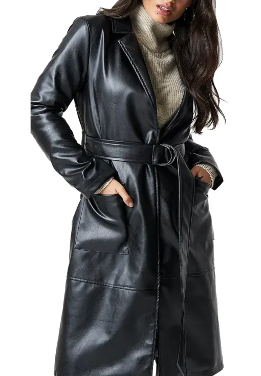 womens-black-faux-leather-trench-coat