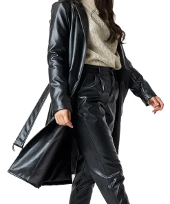womens-black-faux-leather-trench-coat