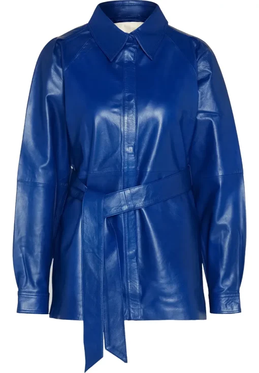 womens-blue-faux-leather-belted-jacket