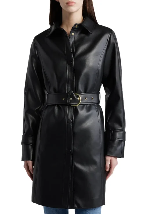 womens-snap-front-black-faux-leather-coat