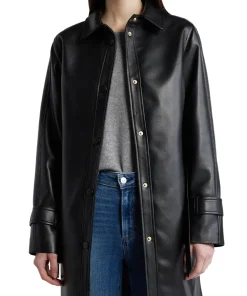 womens-snap-front-black-faux-leather-coat