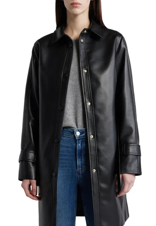 womens-snap-front-black-faux-leather-coat