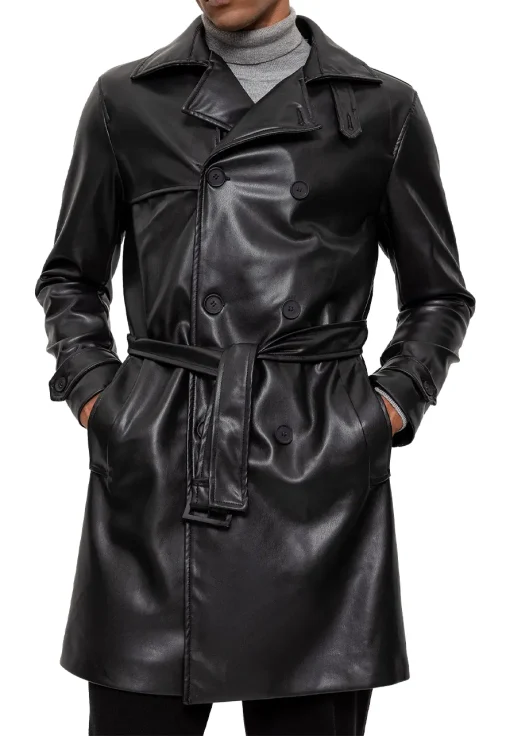mens-black-faux-leather-mid-length-coat