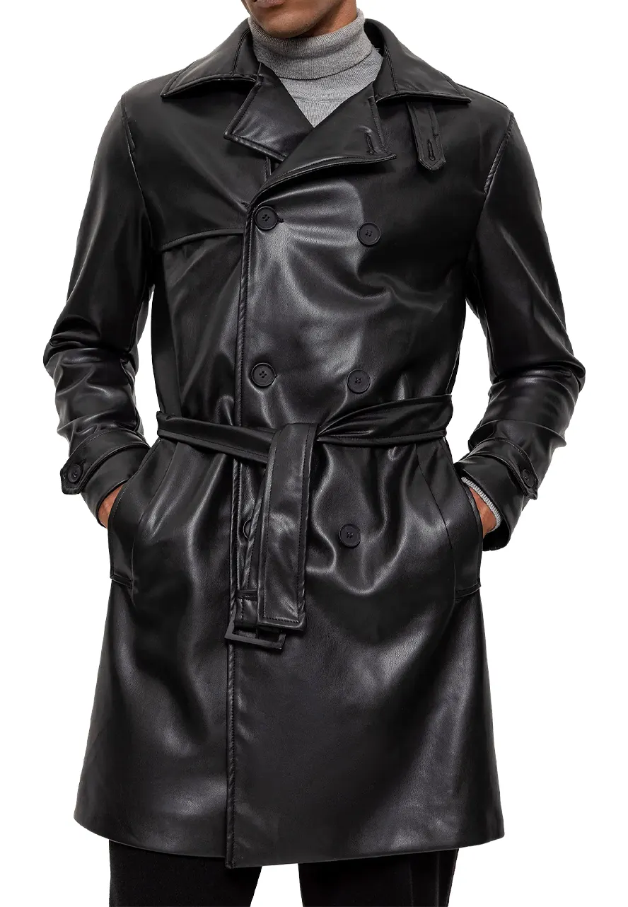 Men's Black Faux Leather Mid-Length Coat 1 mens-black-faux-leather-mid-length-coat