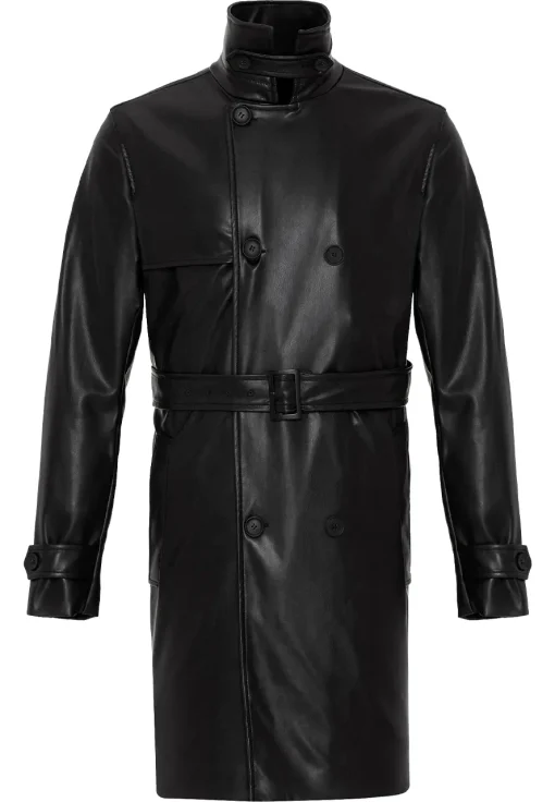 mens-black-faux-leather-mid-length-coat