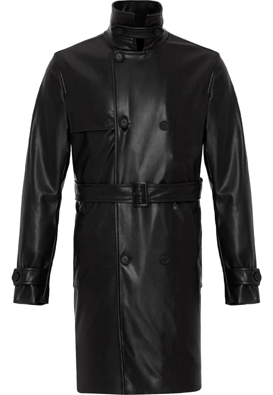 Men's Black Faux Leather Mid-Length Coat 2 mens-black-faux-leather-mid-length-coat