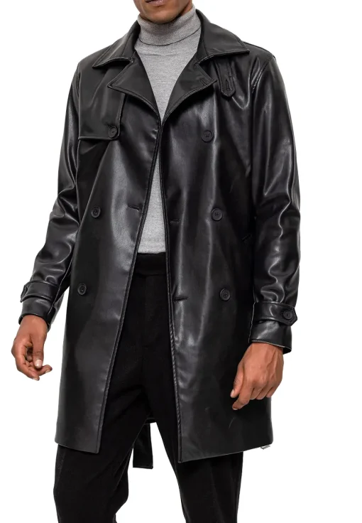 mens-black-faux-leather-mid-length-coat