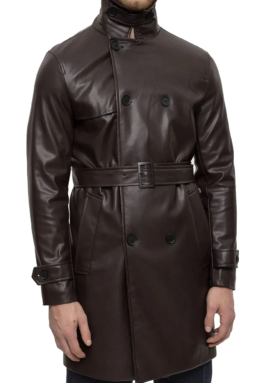 Men's Brown Faux Leather Mid-Length Coat 1 mens-brown-faux-leather-mid-length-coat