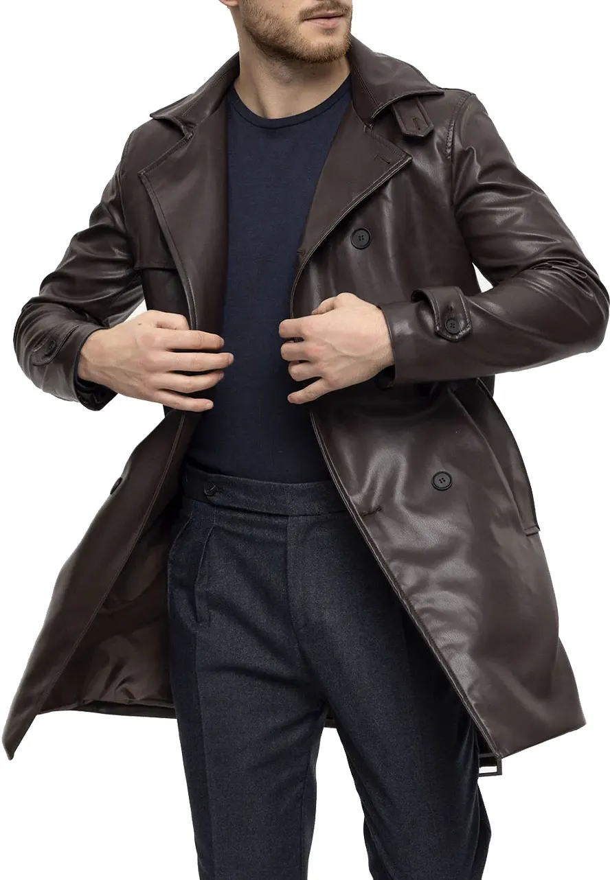 Men's Brown Faux Leather Mid-Length Coat 4 mens-brown-faux-leather-mid-length-coat