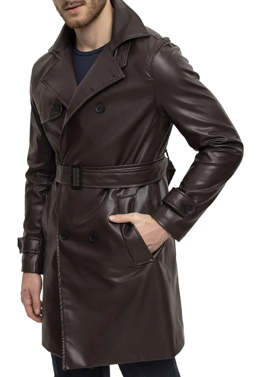 Men's Brown Faux Leather Mid-Length Coat 5 mens-brown-faux-leather-mid-length-coat