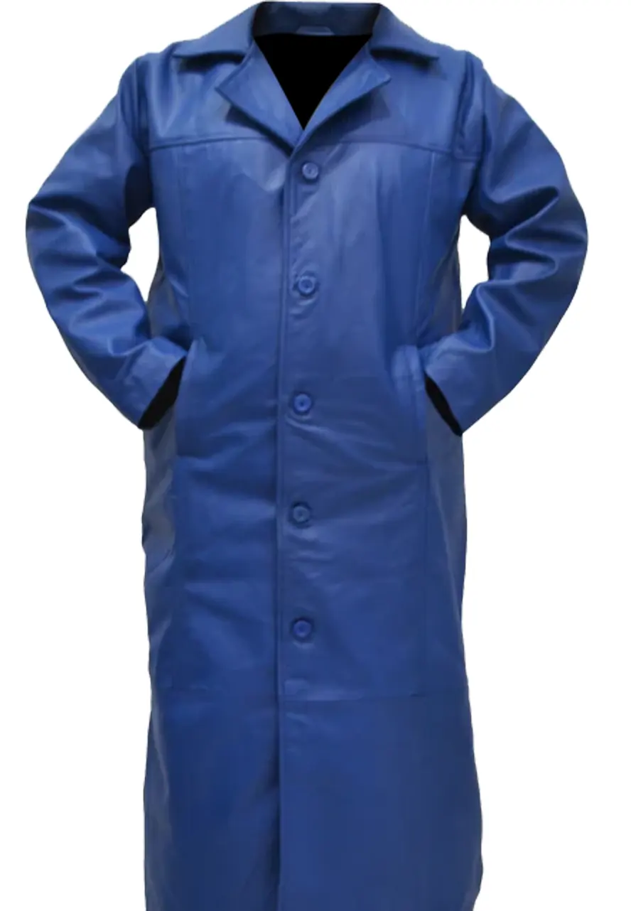 Men's Long Blue Faux Leather Trench Coat 1 mens-long-blue-faux-leather-trench-coat