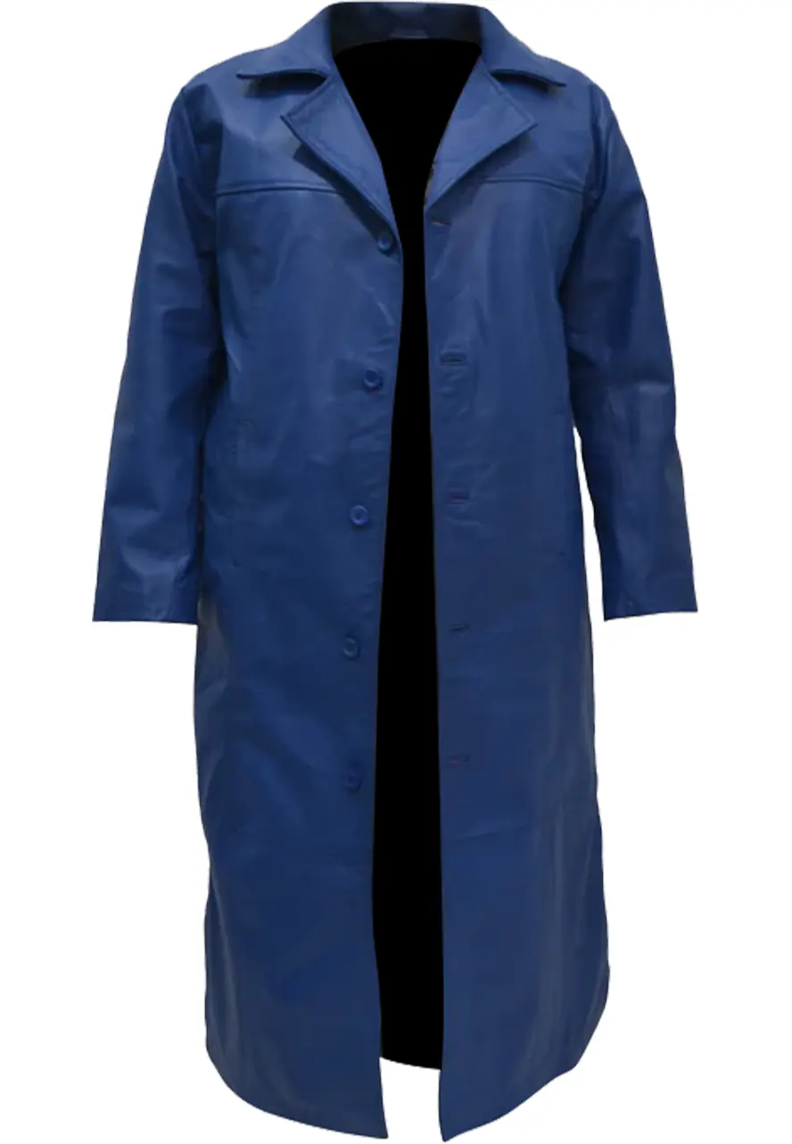 Men's Long Blue Faux Leather Trench Coat 3 mens-long-blue-faux-leather-trench-coat