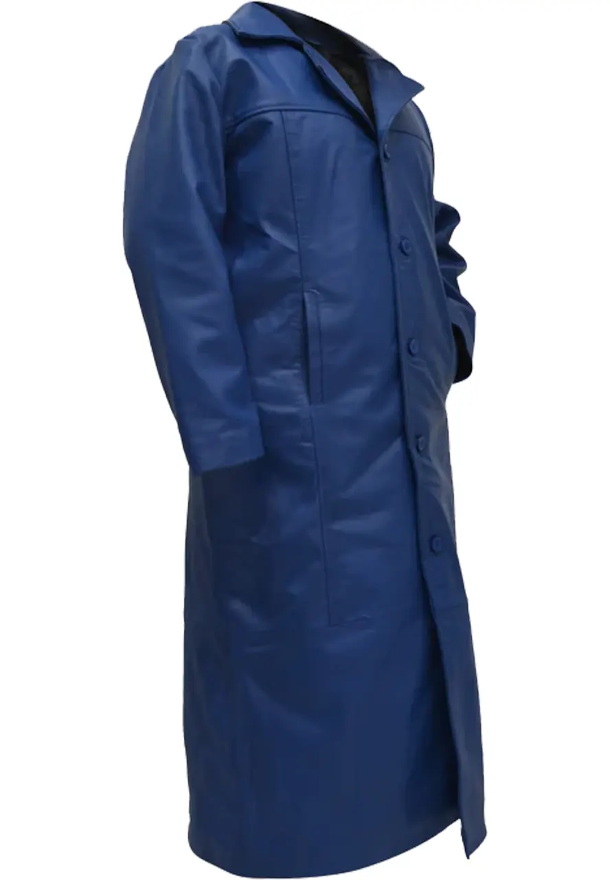 Men's Long Blue Faux Leather Trench Coat 4 mens-long-blue-faux-leather-trench-coat