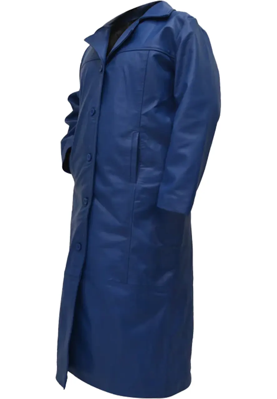Men's Long Blue Faux Leather Trench Coat 5 mens-long-blue-faux-leather-trench-coat