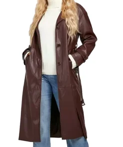 womens-brown-faux-leather-classic-trench-coat