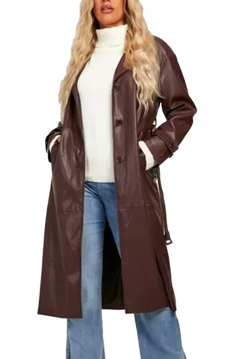 womens-brown-faux-leather-classic-trench-coat