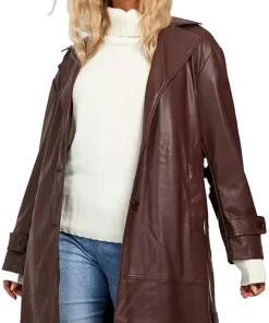womens-brown-faux-leather-classic-trench-coat