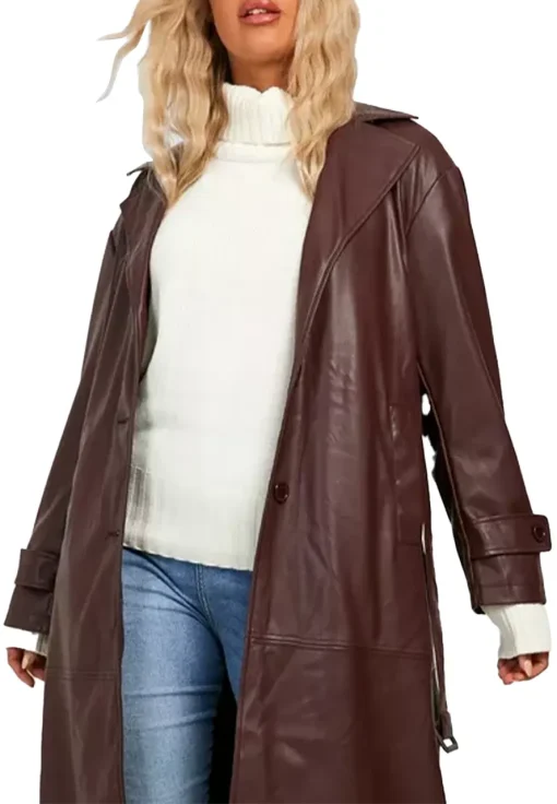 womens-brown-faux-leather-classic-trench-coat