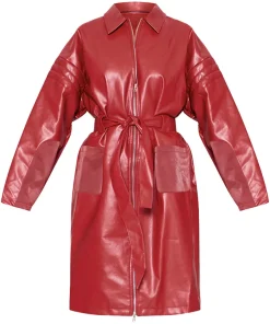 womens-cherry-red-faux-leather-belted-coat