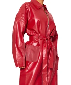 womens-cherry-red-faux-leather-belted-coat