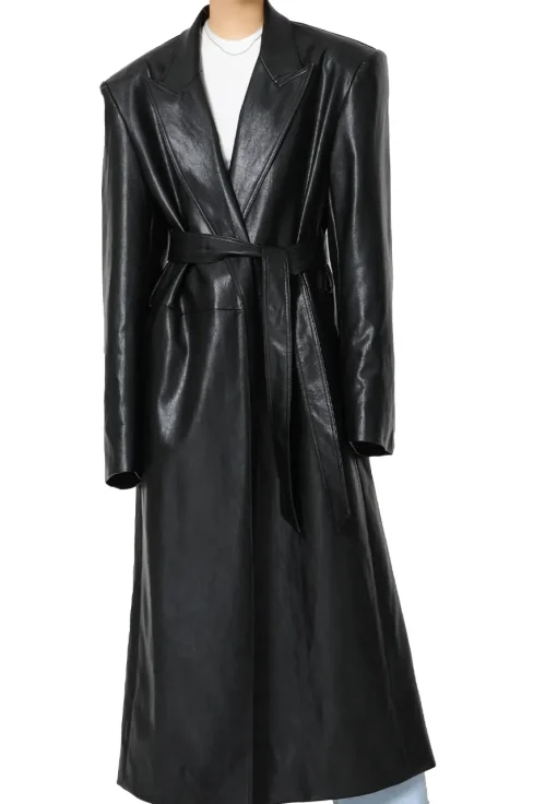 womens-grained-black-faux-leather-trench-coat