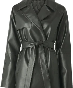 womens-green-faux-leather-short-trench-coat