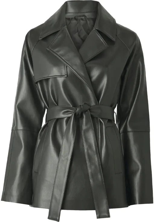 womens-green-faux-leather-short-trench-coat