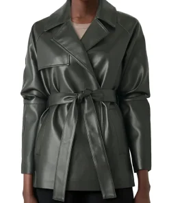 womens-green-faux-leather-short-trench-coat