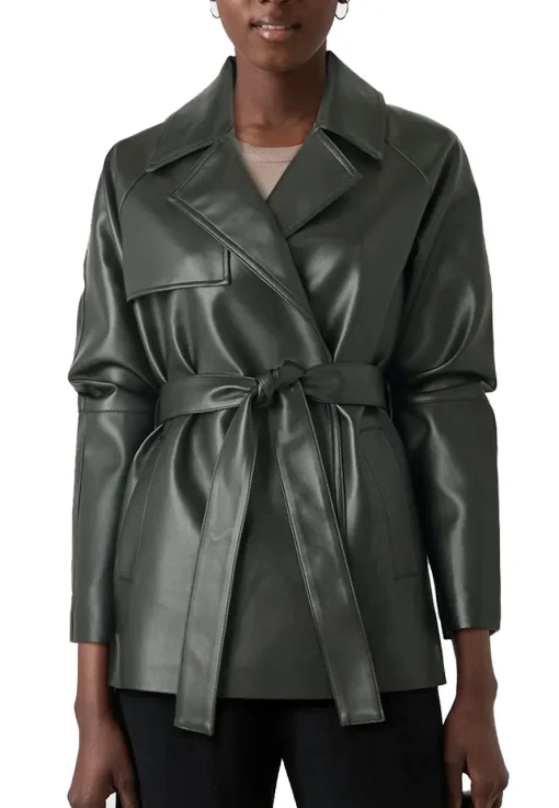 womens-green-faux-leather-short-trench-coat