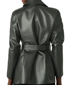 womens-green-faux-leather-short-trench-coat