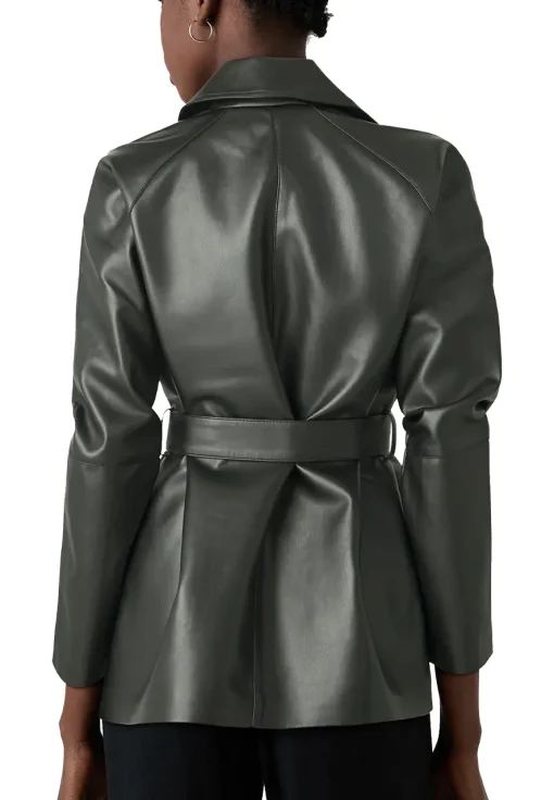 womens-green-faux-leather-short-trench-coat
