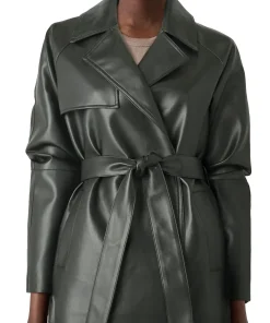 womens-green-faux-leather-short-trench-coat