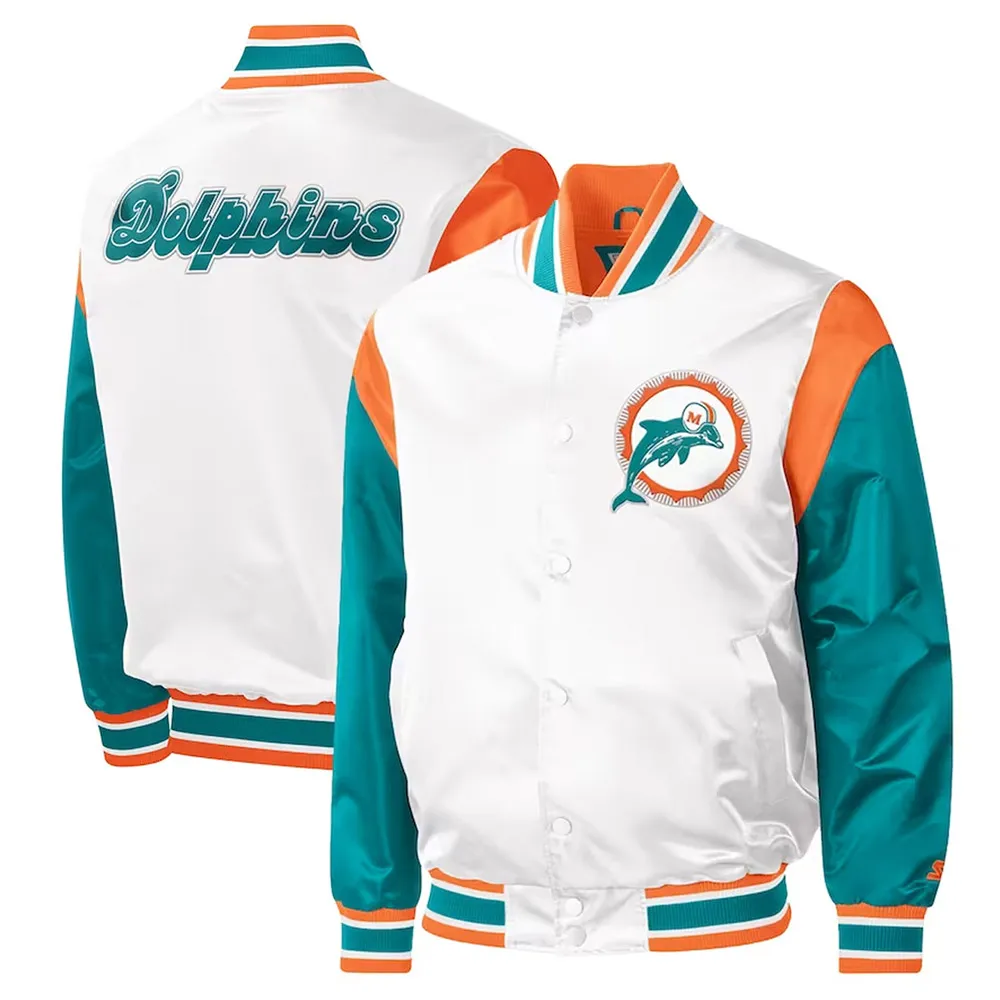 Warm Up Pitch Miami Dolphins Throwback White Satin Varsity Jacket 3 miami-dolphins-white-satin-varsity-jacket